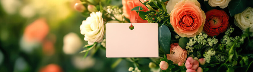 A beautiful floral arrangement featuring vibrant roses, delicate greenery, and an empty tag ready for personalization.