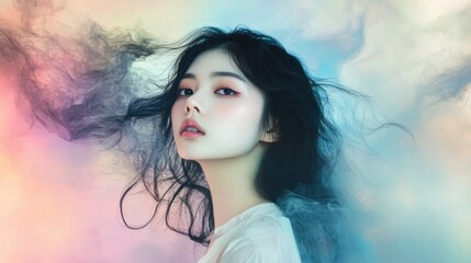 Canvas Print - Woman with Long Black Hair Posing in a Pastel Cloud-Like Setting