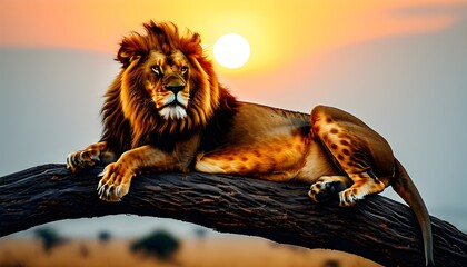 Majestic lion lounging on tree branch against a stunning savannah sunset, highlighting African wildlife and conservation in Kenyas National Reserve