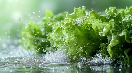 Wall Mural - Fresh lettuce leaves splashing in water droplets. Concept of healthy eating and food freshness