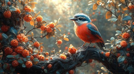 Poster - A vibrant bird perched among colorful berries in a serene setting.