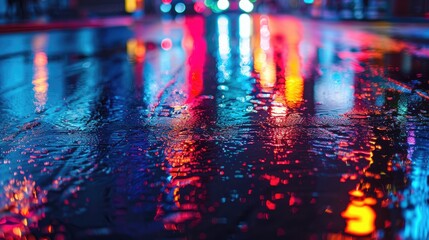 Wall Mural - Neon light reflections on wet asphalt in empty scene.