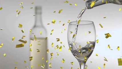 Canvas Print - Animation of confetti over glass of white wine on white background