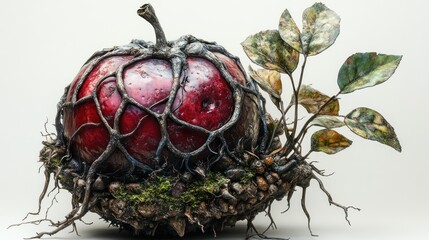 Canvas Print - A surreal, organic apple entwined with roots and leaves.