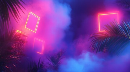 Wall Mural - Neon Lights and Palm Leaves in a Purple and Pink Haze