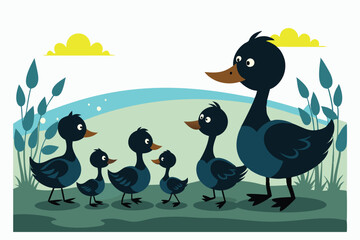 Wall Mural - little  ducks with mom silhouette P.eps