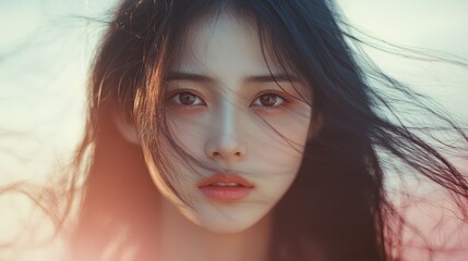 Canvas Print - Close-up portrait of a young woman with windswept hair