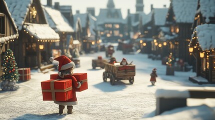 Wall Mural - A close up shot of an elf carrying red packages through a snowy town in Lapland