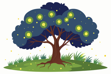 Wall Mural - tree with fireflies around it at dusk. on white background A.eps