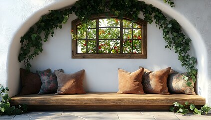 Sticker - a bench with pillows and a window. 