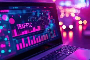 Poster - A laptop displays colorful graphs and data about digital traffic, set against a backdrop of soft, glowing lights during nighttime, creating an engaging atmosphere for analysis