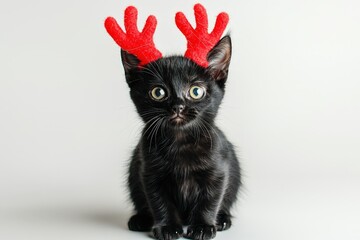 Sticker - A curious black kitten adorned with festive red antlers looks directly at the viewer, embodying the spirit of the holidays in a cheerful and playful manner