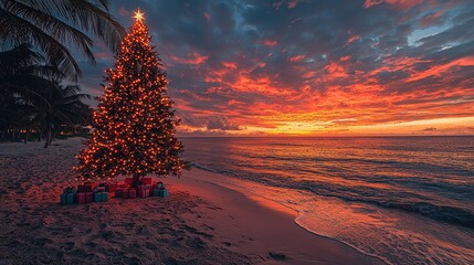 Aufkleber - A Christmas tree adorned with lights stands on the sandy beach, surrounded by wrapped gifts as a stunning sunset paints the sky in vibrant hues