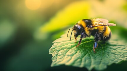 Sticker - Bumblebee on a Green Leaf - Close Up Macro Photography