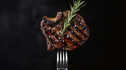 A savory grilled rib-eye steak seasoned with aromatic rosemary, ready to savor. Complemented by a delectable red wine, both elements rest enticingly against a dark backdrop. The steak