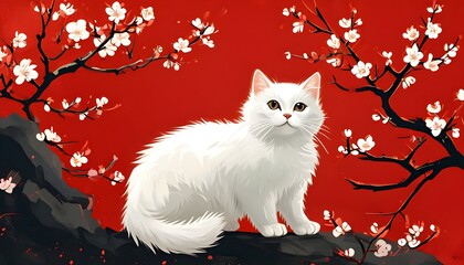 Serene illustration of traditional red wall adorned with plum blossoms alongside an elegant white cat