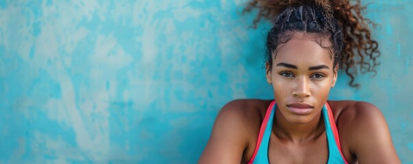 Wall Mural - Exhausted female tennis player resting on a court with a racket, illustrating determination and fatigue in sports. Free copy space for text.