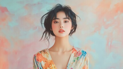 Canvas Print - Portrait of a Young Woman with Black Hair and Floral Dress Against a Pastel Background