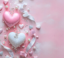 Romantic concept of St Valentine day celebration with white and pink hearts and festive silk ribbons on the background