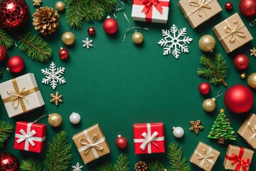 time for new year delights! top view of gifts, baubles, snowflake, and other imaginative christmas tree toys on green canvas