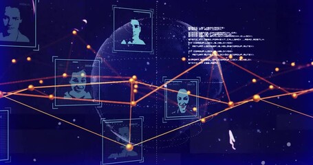 Animation of connections and data processing with portraits over globe on black background