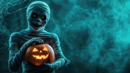 Mummy before a foggy dark teal colored background. The mummy holding a halloween pumpkin