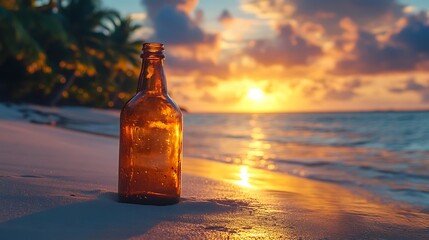 Sticker - A glass bottle stands on a white sand beach with a sunset in the background.