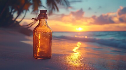 Sticker - A glass bottle with a cork lies on a sandy beach at sunset, with the ocean and palm trees in the background.