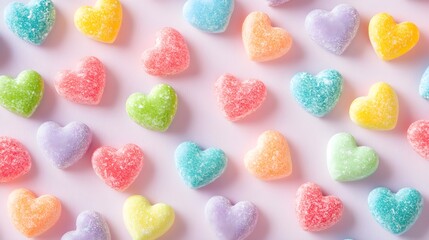 Wall Mural - A close-up shot of colorful candy hearts scattered on a light pastel background, creating a playful and romantic atmosphere