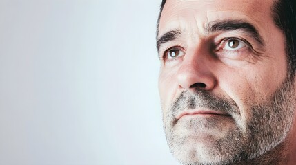 A close-up portrait of a middle-aged man with a thoughtful expression, set against a light solid color background