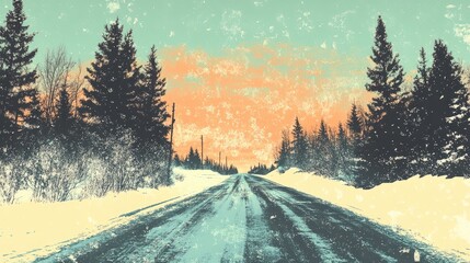 Wall Mural - Retro coloring book illustration of a snowy road landscape in winter