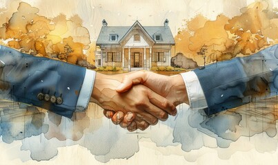 A warm agreement brewed under autumn leaves as two business partners shake hands, solidifying a prosperous deal outside a charming suburban home