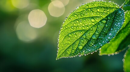 A close-up of a vibrant green leaf with dew drops glistening in the morning light against a soft background