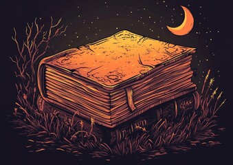 Line art illustration featuring a warm gradient design of a spooky old spellbook in a cartoon style