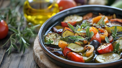 Wall Mural - A close-up of a rustic Mediterranean dish featuring fresh vegetables, herbs, and olive oil, on a wooden table