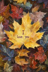 Oil painting depicting an I love you message on a vibrant yellow leaf surrounded by a variety of colorful autumn leaves expressing love and the beauty of fall