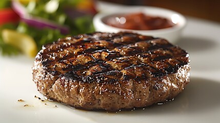 A perfectly grilled beef burger patty with visible char marks, isolated on a clean white background.