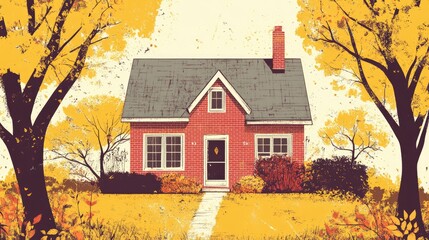 Poster - Coloring book illustration of a charming brick house surrounded by yellow trees in a scenic autumn landscape