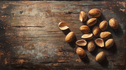 Wall Mural - Oil painting depicting Pili nuts arranged on a wooden surface