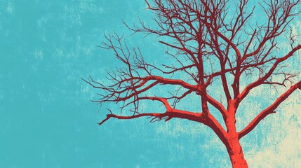 Outline illustration of a leafless tree against a bright blue sky