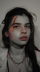 Black and white portrait of a young dark haired girl with bright lips, striking features and deep emotions, set against a soft,realistic illustration of profile photo