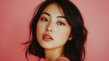 Canvas Print - Close-up portrait of a young woman with dark hair against a pink background