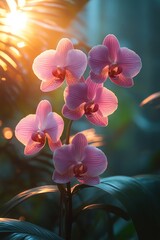 Orchids Purple orchids in soft sunlight, lush green background, peaceful scene