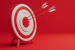 © Denis - Arrow hit aim center business marketing strategy target celebrating success, 3d red and white render copy space banner.