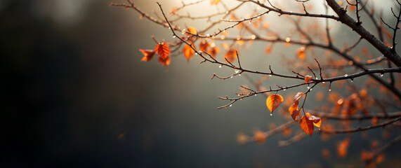 Poster - Autumn tree branch with leaves that are wet and falling