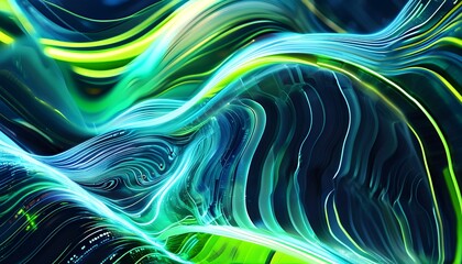 Abstract digital wave in blue and green hues creating a modern technology-inspired poster background