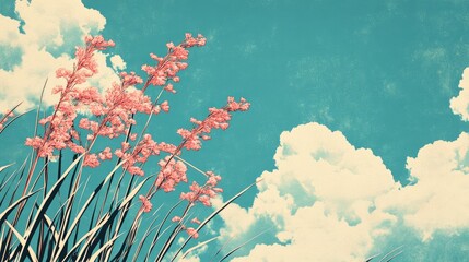 Bunch of flowering grass on a blade with a cloudy sky backdrop