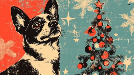 Retro illustration of a bobtail dog celebrating holidays with a festive tree