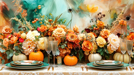 Wall Mural - Autumn table setting with a floral arrangement and a pumpkin centerpiece.The table is set for a Thanksgiving dinner