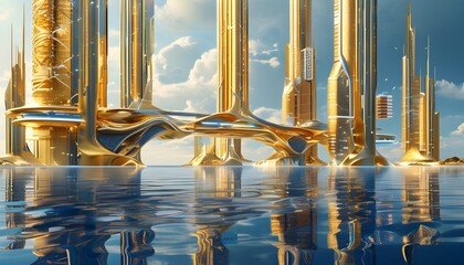 Futuristic golden ocean with abstract architectural elements in a captivating poster design